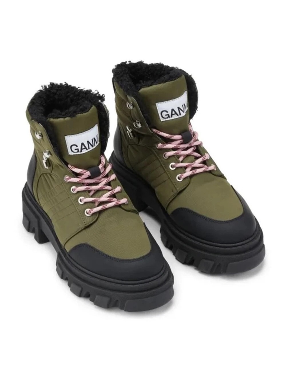 Ganni Womens Cleated Lace Up Hiker Ankle Boots Snow Kalamata Green 38